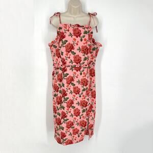 Anthropologie Pink Red Floral Ruffled Peplum Midi Dress SZ XL Ruched Side Split